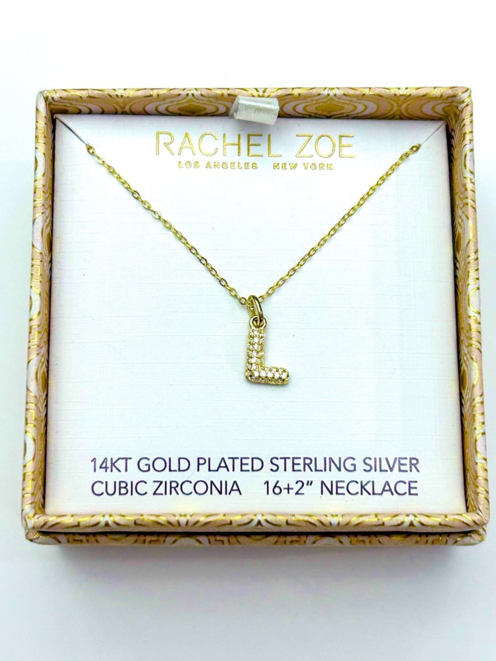 Rachel Zoe 'L' Pendant Necklace Gold Plated Sterling Silver Cubic Zirconia 16”+2